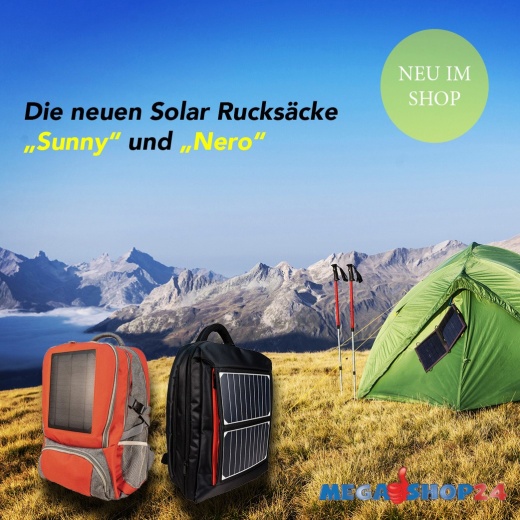 Solar Rucksack Sunny oder Nero 30l mit 6,5W Modul oder 10W mit USB / DC Anschluss inklusive LED Safety-Clip