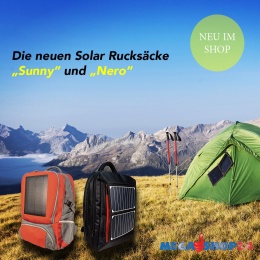 Solar Rucksack Sunny oder Nero 30l mit 6,5W Modul oder 10W mit USB / DC Anschluss inklusive LED Safety-Clip